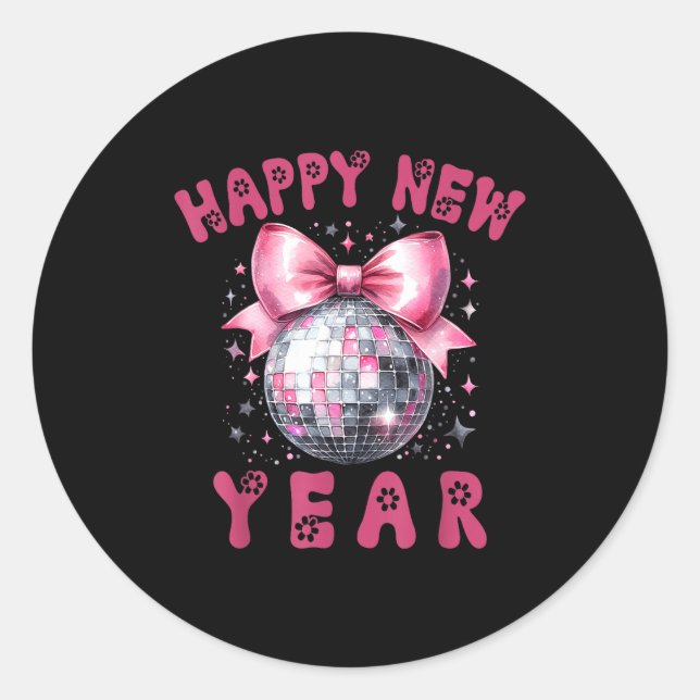 Sticker Rond Happy New Year 2026 Coquette Nk Bow Disco Ball Wom (Devant)