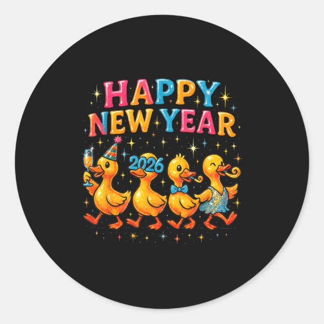 Sticker Rond Happy New Year 2026 Cute Duck Party Gift  (Devant)