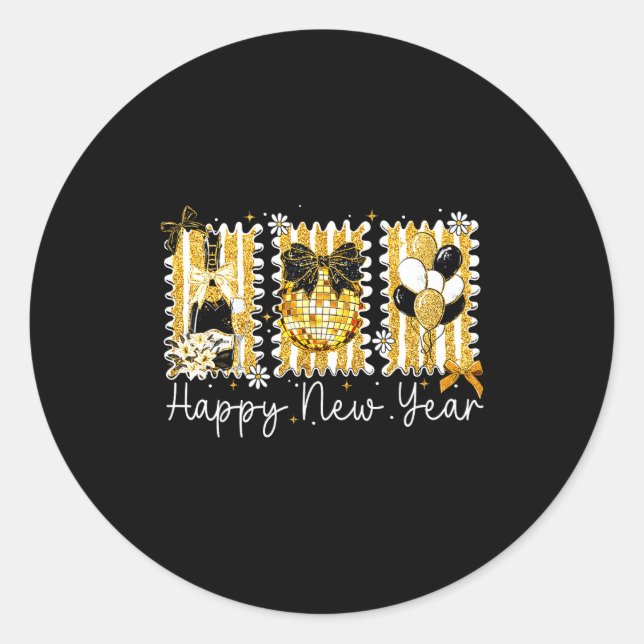 Sticker Rond Happy New Year 2026 Gold Coquette Bow Disco Ball C (Devant)