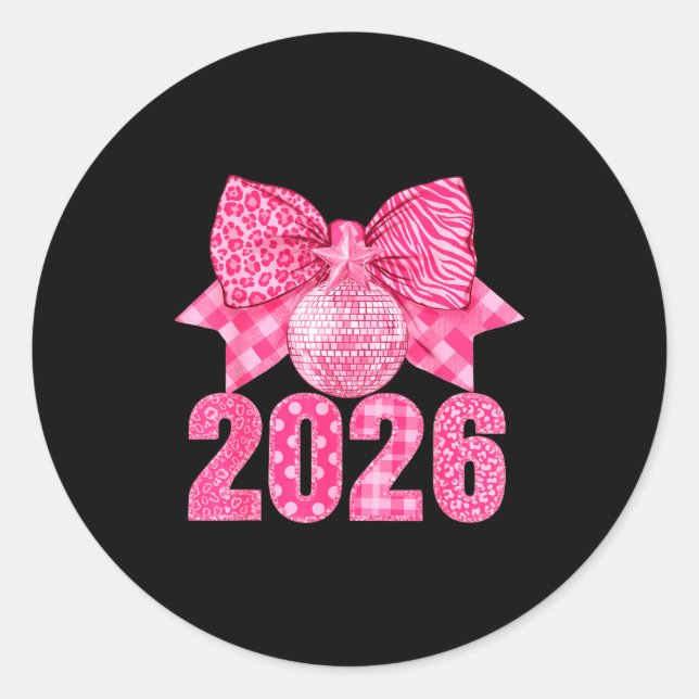 Sticker Rond Happy New Year 2026 Nk Bow Patchwork Leopard Zebra (Devant)