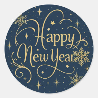 Sticker Rond Happy New Year Gold Snowflake