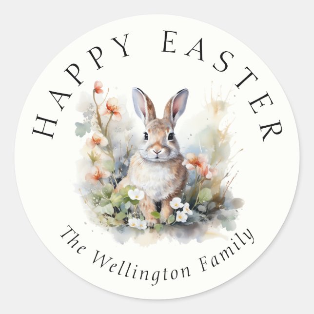 Sticker Rond Happy Pâques Moderne Elégant Bunny Aquarelle (Devant)