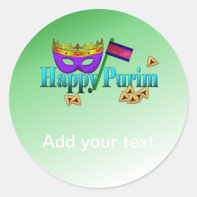 Sticker Rond Happy Purim avec Masque, Gragger et Hamentaschen (Devant)