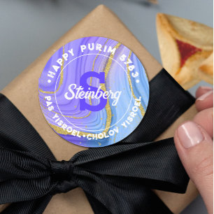 Sticker Rond Happy Purim Kosher Info Monogram Agate Gold