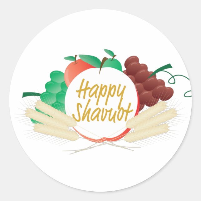 Sticker Rond Happy Shavuot - Texte, fruits et blé (Devant)