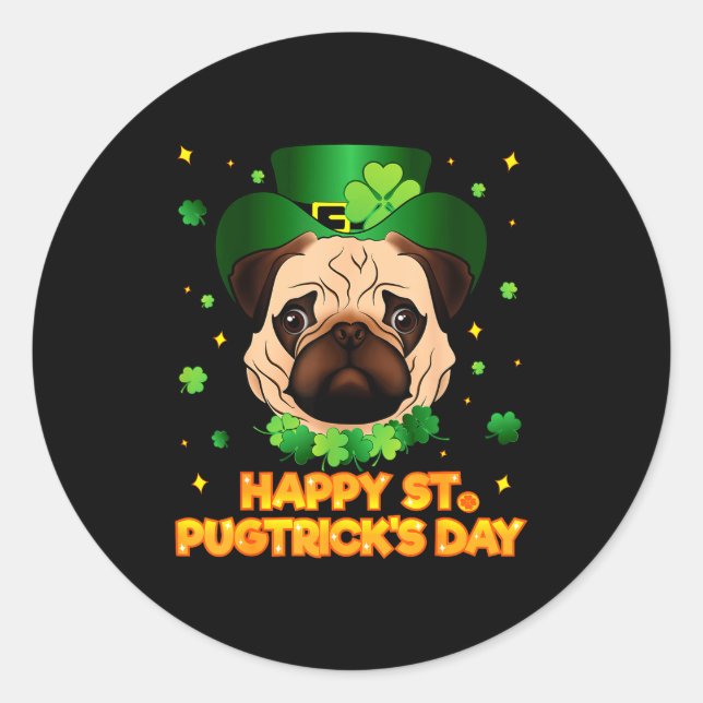 Sticker Rond Happy St Patricks Pugtricks Day Irish Pug Leprecha (Devant)