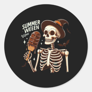 Sticker Rond Happy Summerween Vibes Skeleton Ice Cream été H