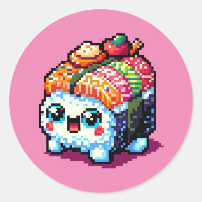 Sticker Rond Happy Sushi Roll - Cute Pixel Art Japonais Nourrit (Devant)