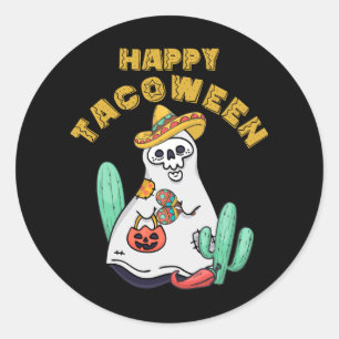 Sticker Rond Happy Tacoween Ghost Taco Mexicain Cinco Halloween