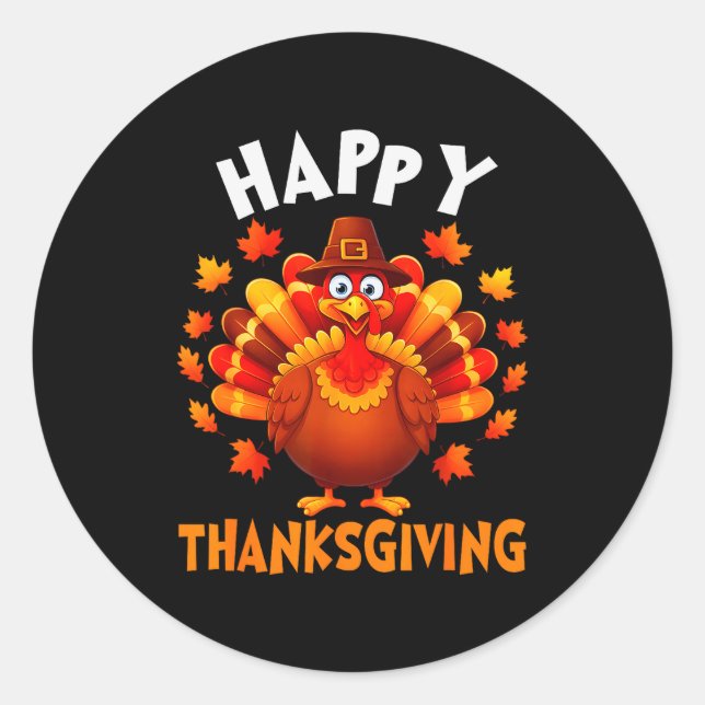 Sticker Rond Happy Thanksgiving Funny Turkey Family Dinner Than (Devant)