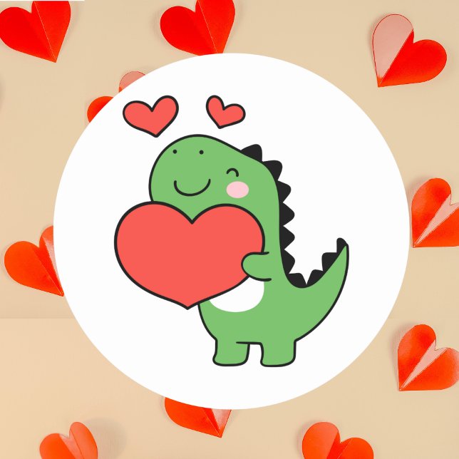 Sticker Rond Happy Valentines Day Cute Dinosaur Red Heart (Créateur téléchargé)