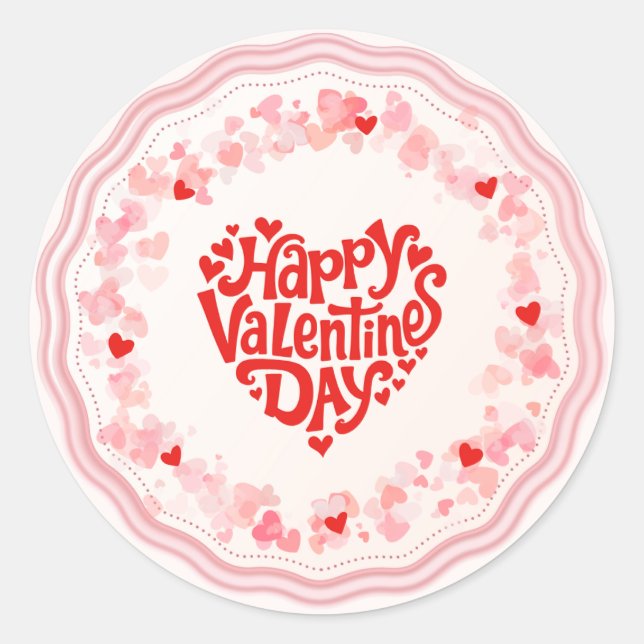 Sticker Rond Happy Valentine's Day Elegant Script Pink Hearts  (Devant)