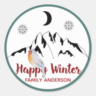 Sticker Rond Happy Winter Personnalisé Robin de Noël