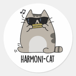 Sticker Rond Hari-cat Funny Harmonica Cat Pun