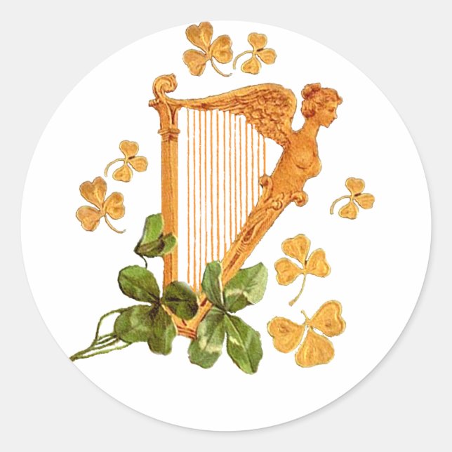 Sticker Rond Harpe d'Or et Shamrocks d'Irlande (Devant)