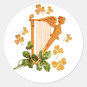Sticker Rond Harpe et shamrocks d'or de l'Irlande