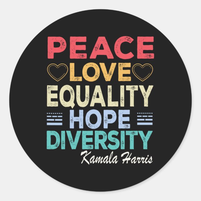 Sticker Rond Harris Peace Love Equality Hope Diversity Retro (Devant)