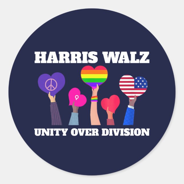 Sticker Rond Harris Walz Unité de division LGBTQ Bleu foncé (Devant)