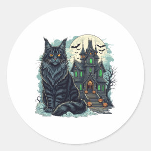 Sticker Rond Haunted House Watcher - Maine Coon Halloween