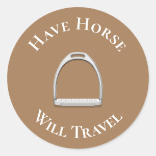 Sticker Rond "Have Horse Will Travel" étrier anglais marron