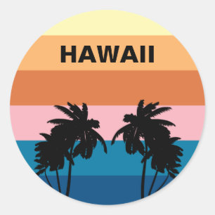Sticker Rond Hawaii Vintage Sunset Palm Trees Voyage
