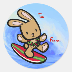 Sticker Rond Hawaiian Surfing Bunny Cartoon de vacances