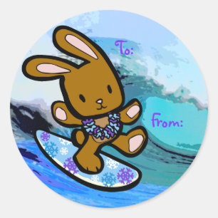 Sticker Rond Hawaiian Surfing Bunny Cartoon de vacances