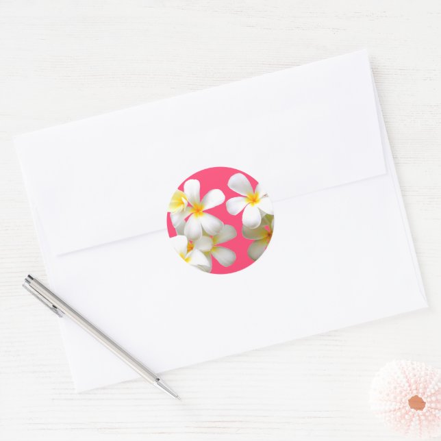 Sticker Rond Hawaiian white plumeria flower pink (Enveloppe)