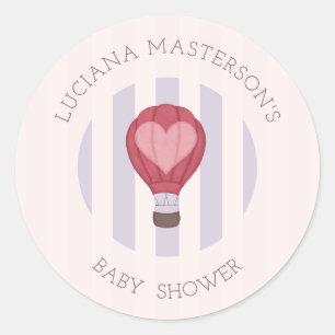 Sticker Rond Heart Hot Air Balloon Pastel Purple Baby shower