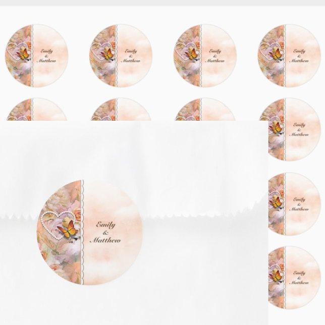 Sticker Rond Heart Pearls Orange Papillons Rose Floral (Heart Pearls Orange Roses Butterflies Floral Classic Round Sticker)