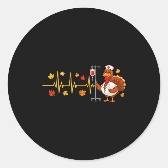 Sticker Rond Heartbeat Turkey Funny Nurse Thanksgiving Fall Des (Devant)