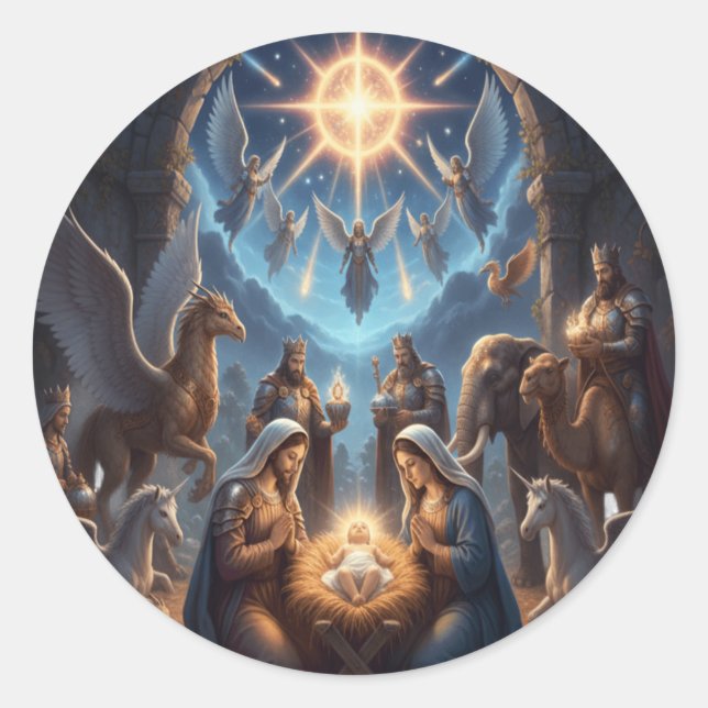 Sticker Rond Heavenly Nativity – Mythical Christmas Scene Stic (Devant)