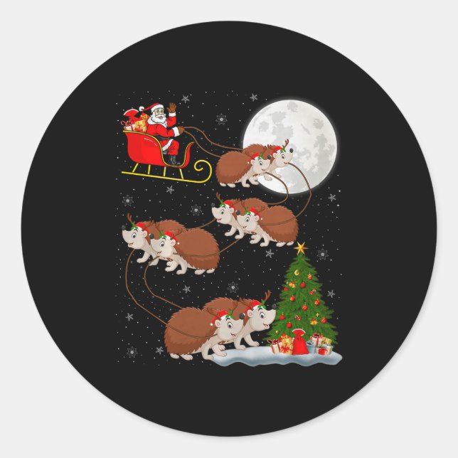 Sticker Rond Hedgehog Santa Sleigh Flying Funny Magical Christm (Devant)