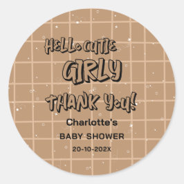 Sticker Rond Hello Cutie Girly Cute Brown Gingham Baby Shower