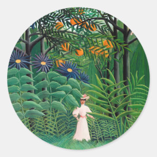 Sticker Rond Henri Rousseau - Une femme marche dans une forêt e