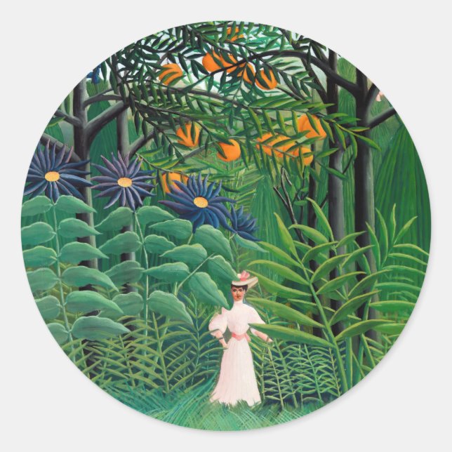 Sticker Rond Henri Rousseau - Une femme marche dans une forêt e (Devant)