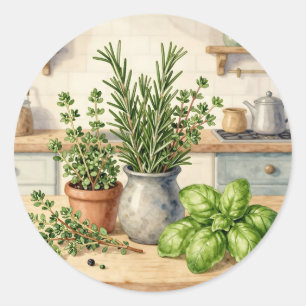 Sticker Rond Herbes fraîches de cuisine aquarelle 