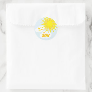 Sticker Rond Here Comes The Son Boy Baby Shower