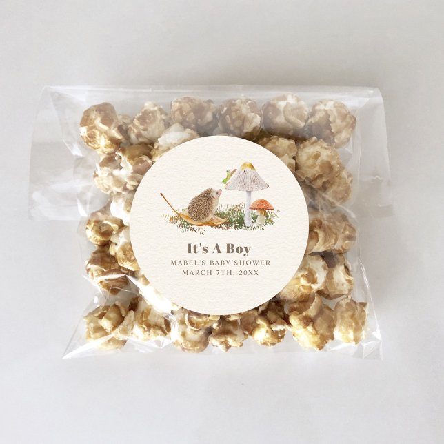 Sticker Rond Hérisson Baby shower boisé de champignons de la pr (Créateur téléchargé)