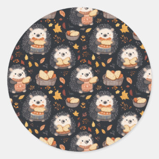 Sticker Rond Hérisson mignon avec pain et feuilles d'automne