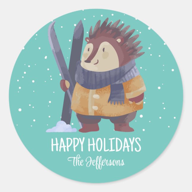 Sticker Rond Hérisson Noël animal neige vacances d'hiver (Devant)