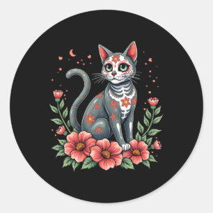 Sticker Rond Héritage Mexicain Crâne à sucre Chat avec fleurs