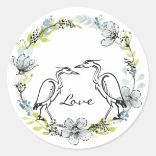 Sticker Rond Heron Water Bird Couple ~ Bleu, Fleurs vertes Aime