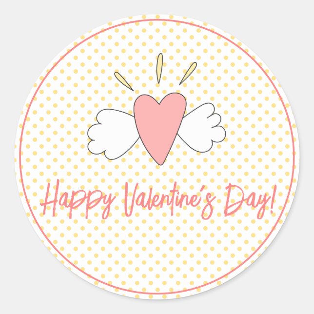 Sticker Rond HEUREUSE SAINTE-VALENTIN ! Coeur ailé mignon (Devant)