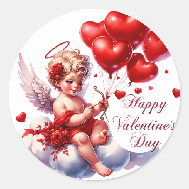 Sticker Rond Heureuse Sainte-Valentin cupide aux Coeurs rouges (Devant)