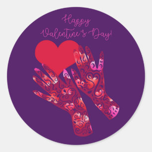 Sticker Rond Heureuse Sainte-Valentin des mains et du coeur