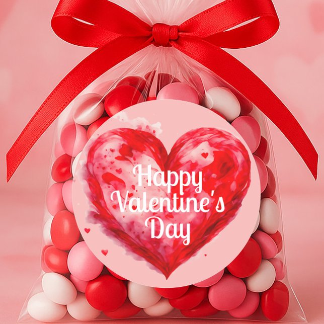 Sticker Rond Heureuse Sainte-Valentin rose de coeur rouge (Red heart on pink "Happy Valentine's Day" sticker)