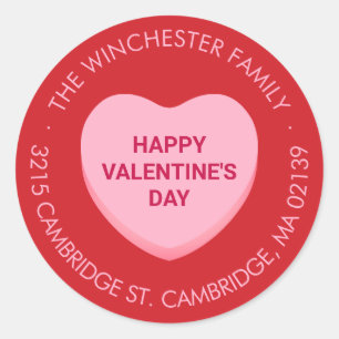 Sticker Rond Heureuse Sainte-Valentin rouge rose bonbon adresse