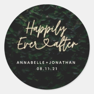Sticker Rond Heureux à jamais feuillage moderne mariage fête ta