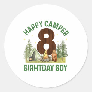 Sticker Rond Heureux campeur 8 forêt camping garçons 8e anniver